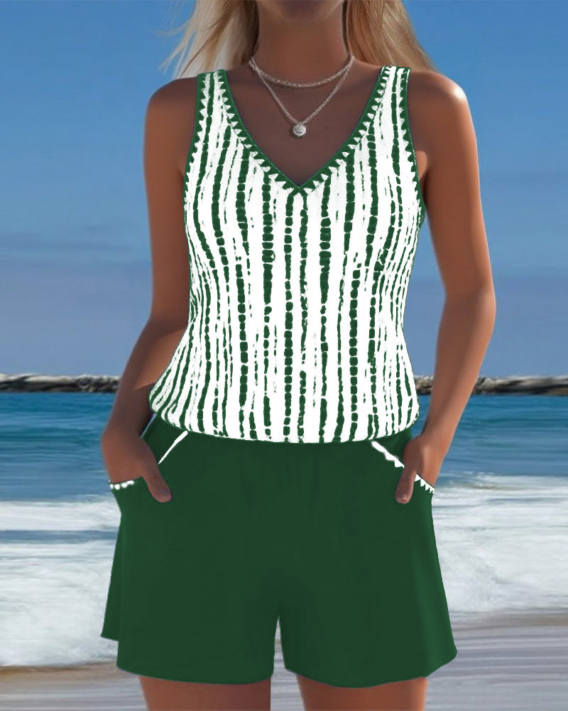 Casual Two Piece Printed V-Neck Swimsuit with Pockets