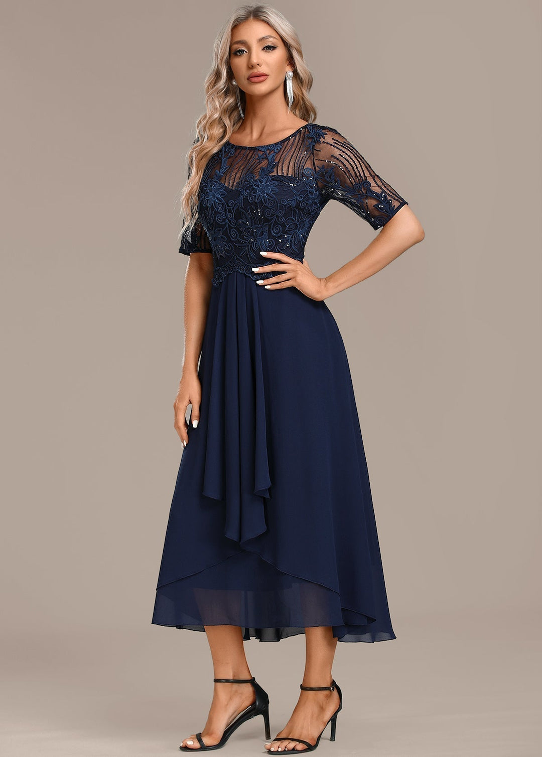 Trending Sophie Navy Lace Short Sleeve Round Neck Dress Style Upgrade