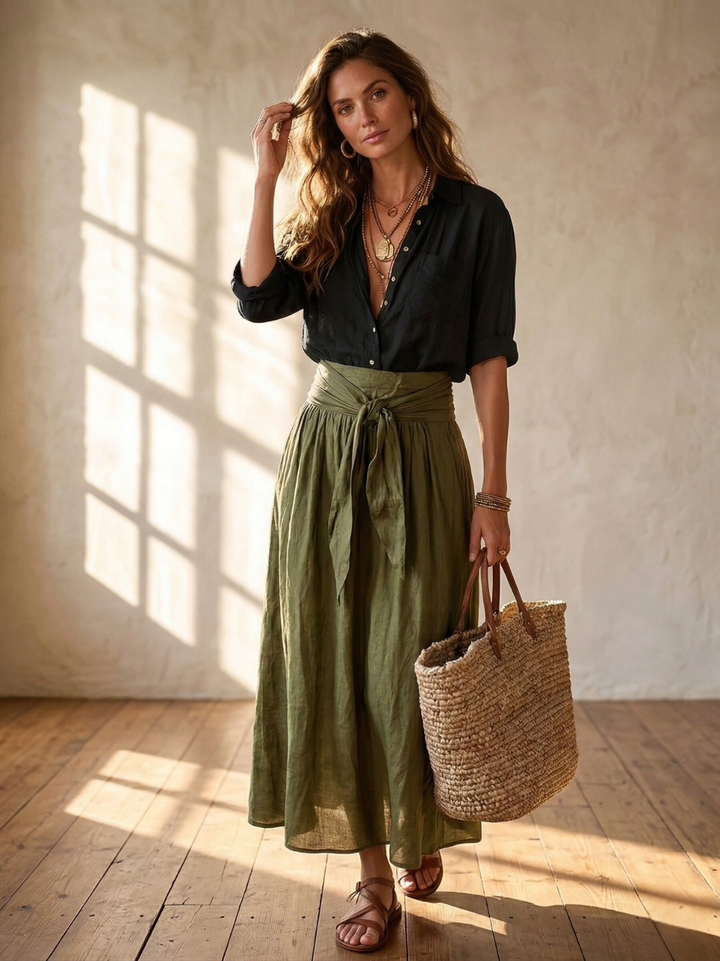 Kylie | Black shirt and olive midi skirt 2-piece set