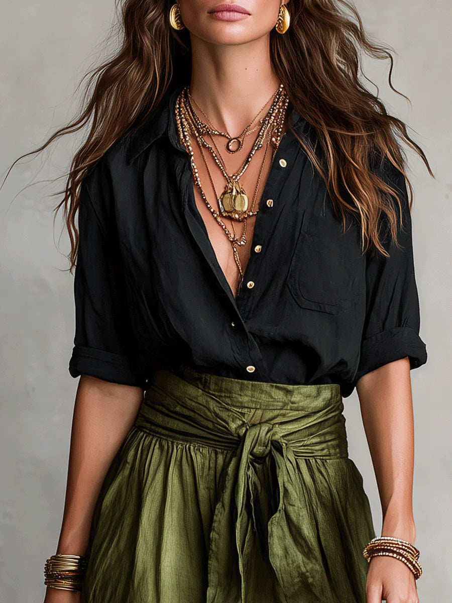 Kylie | Black shirt and olive midi skirt 2-piece set