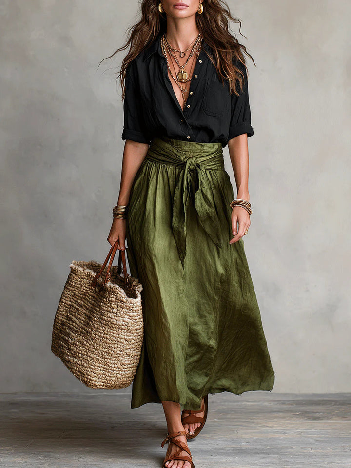 Kylie | Black shirt and olive midi skirt 2-piece set