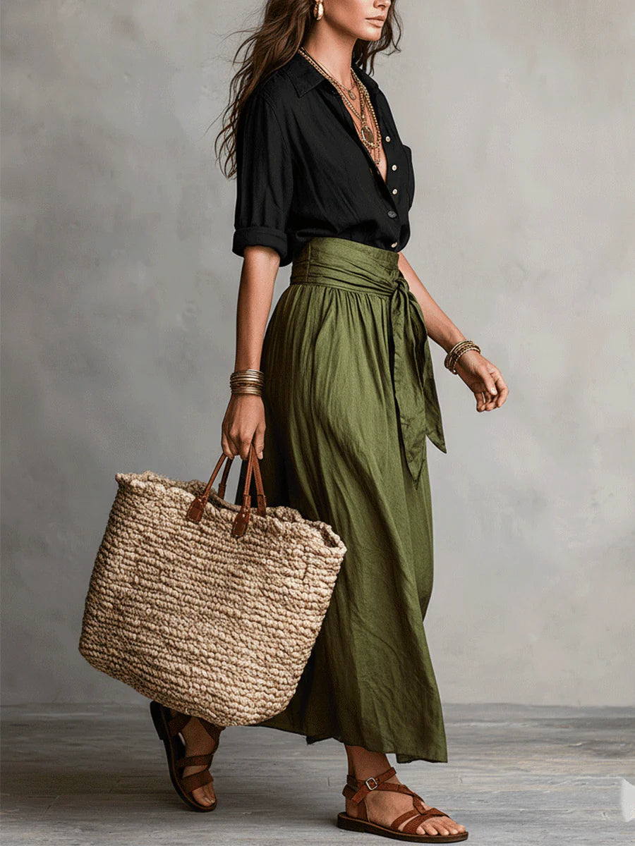 Kylie | Black shirt and olive midi skirt 2-piece set