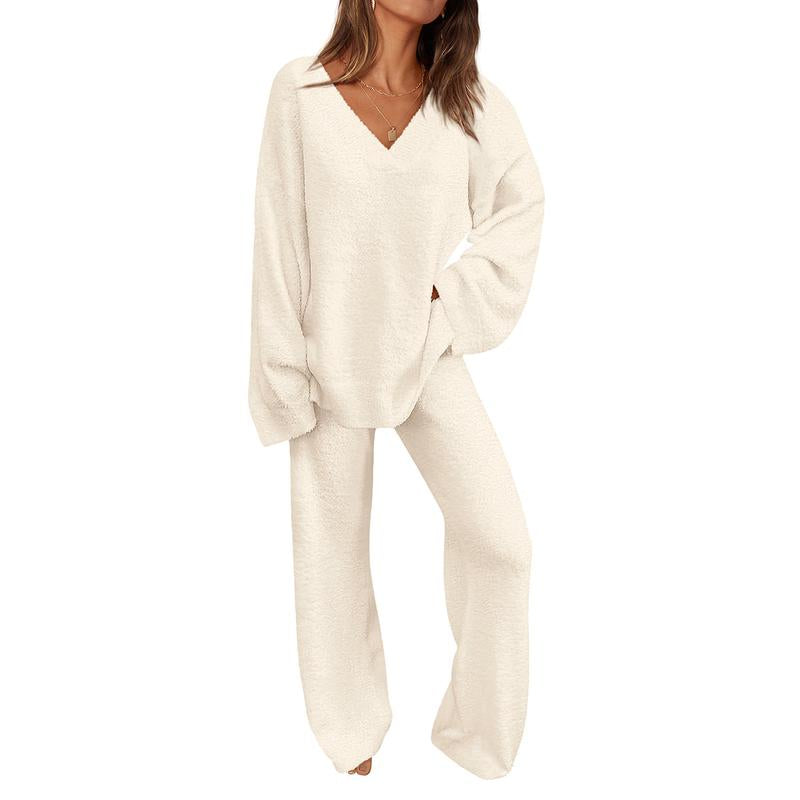 JACE™ - Women's 2-Piece Lounge Set with V-Neck Top & Wide Leg Pants
