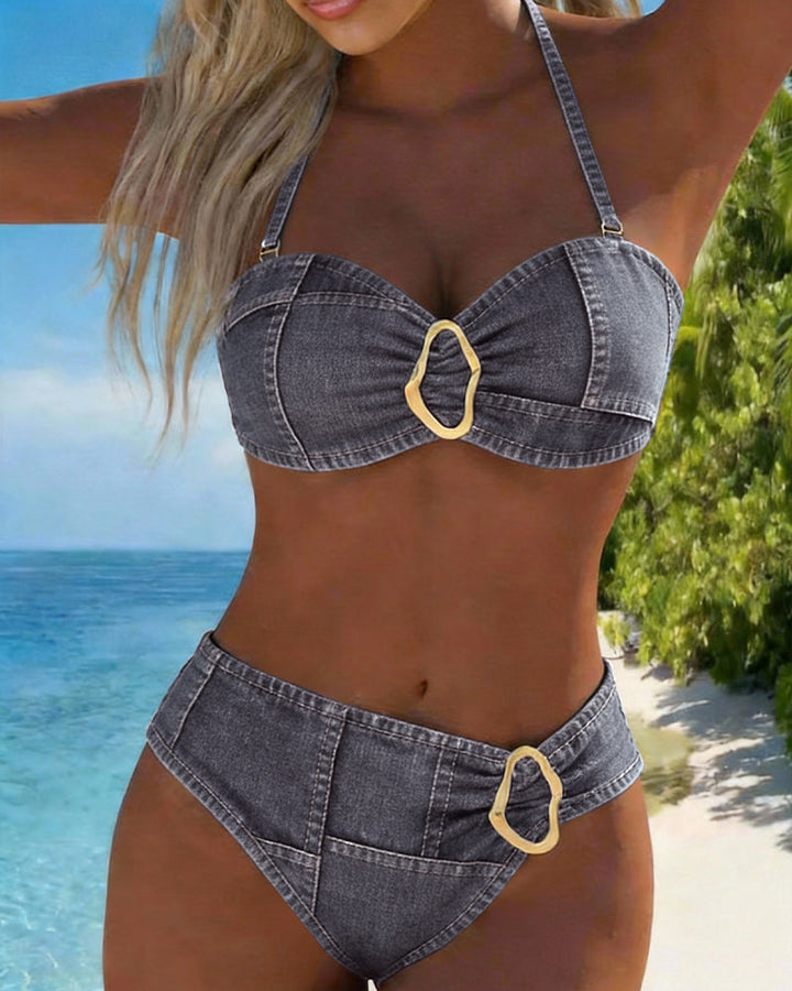 Metal Buckle Suspender Bikini Two-Piece