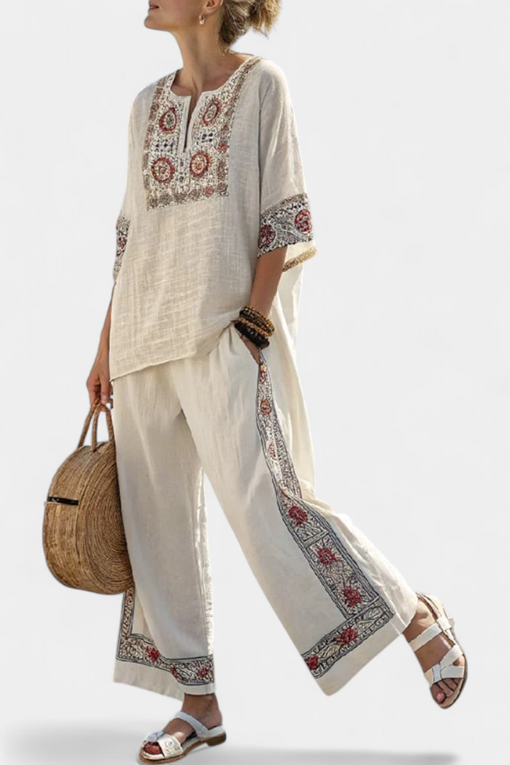 Tiziana – essential embroidered blouse and wide-leg trousers